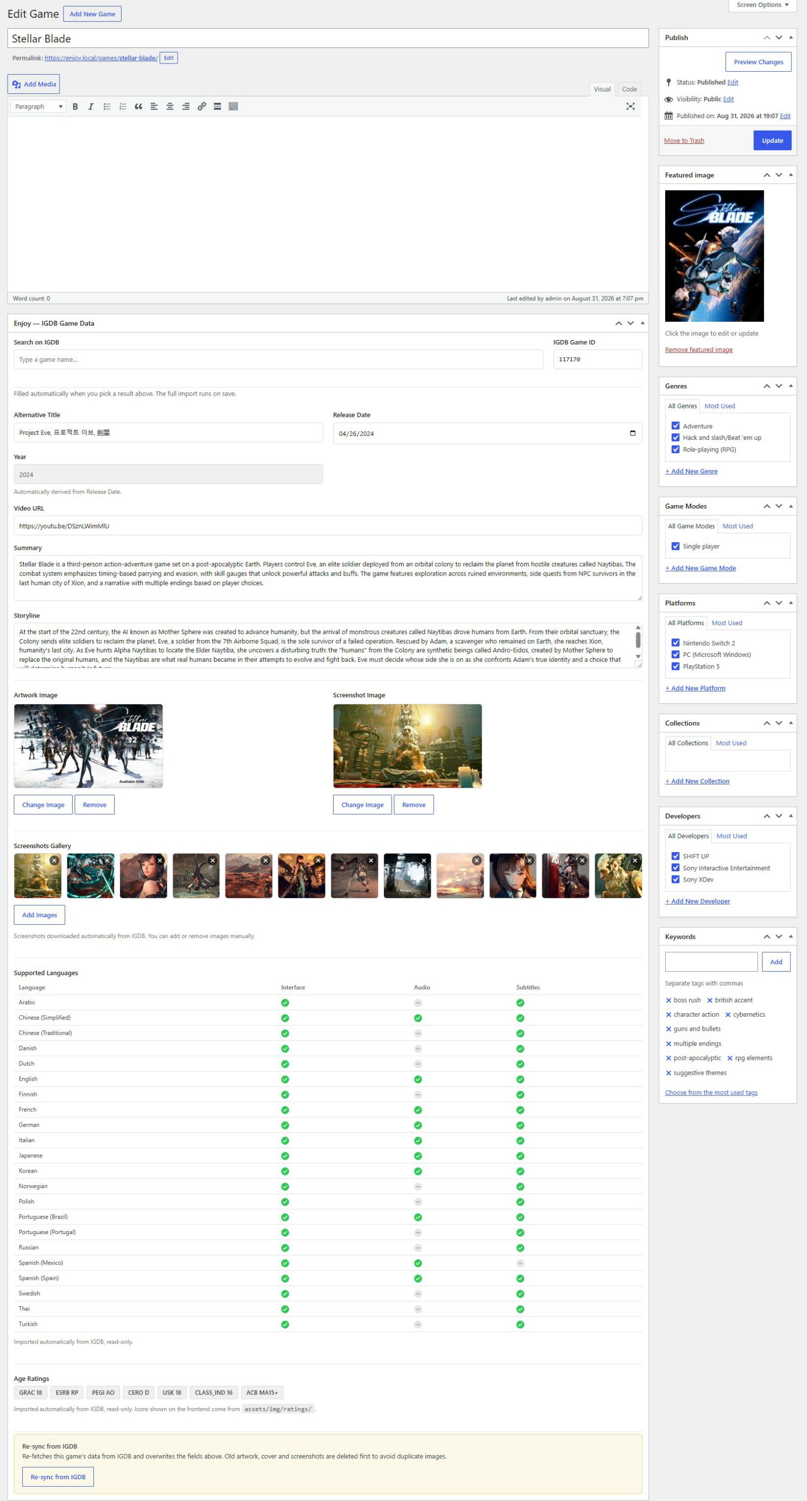 ENJOY WordPress Game Data Plugi - Metabox