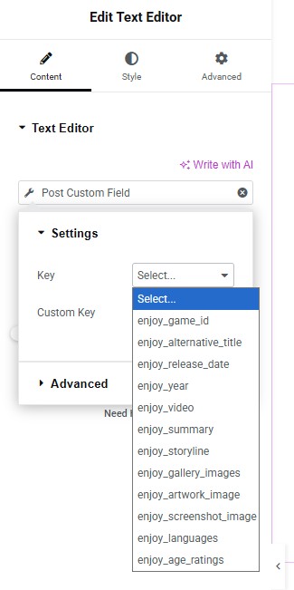 ENJOY WordPress Game Data Plugin Meta Keys in Elementor