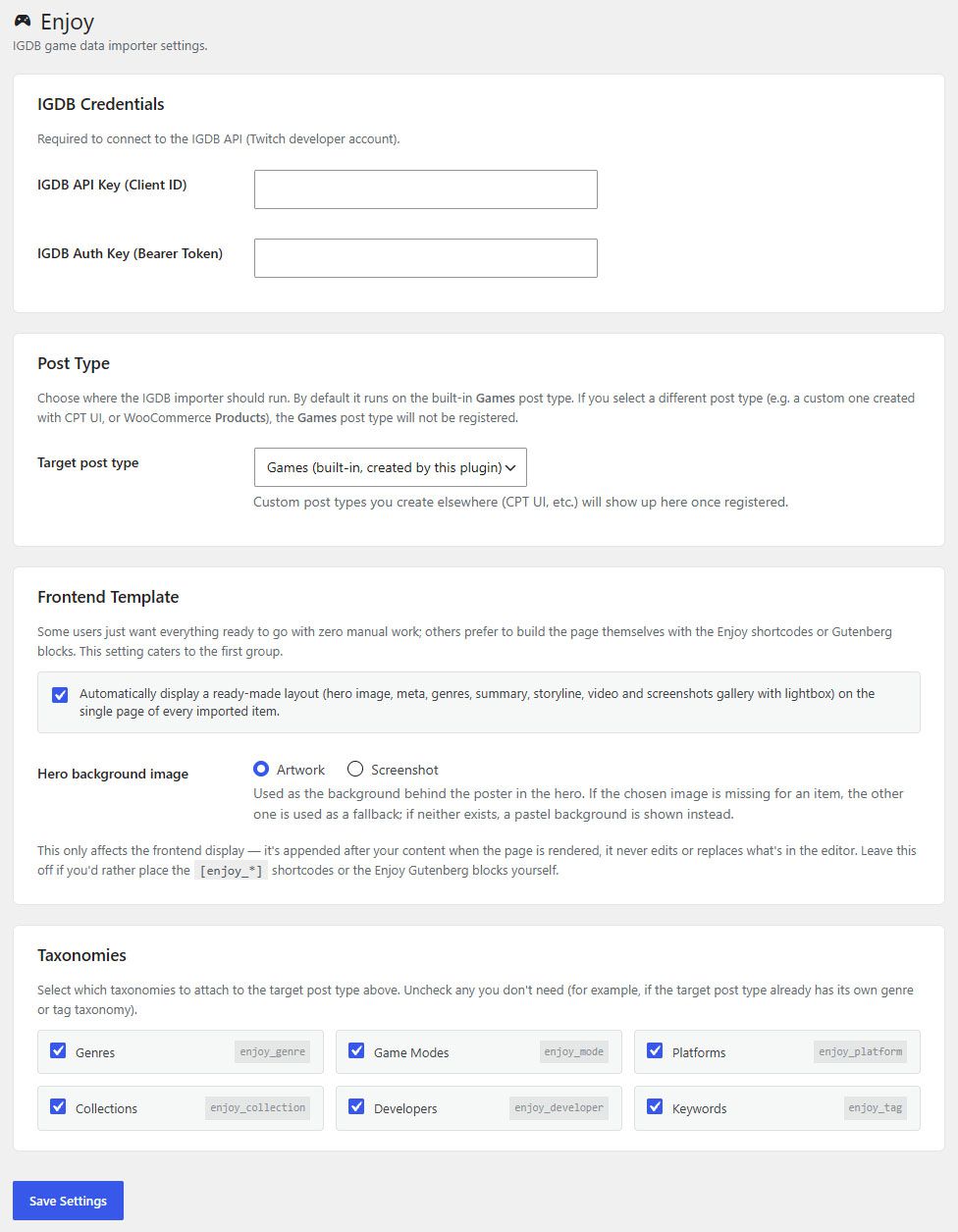 ENJOY WordPress Game Data Plugin Settings