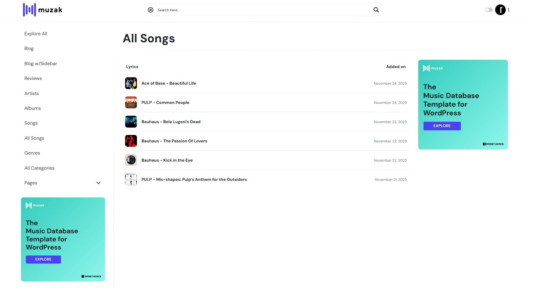 MUZAK Theme Update 1.1.3: Songs Post Type with Genius API Lyrics Import