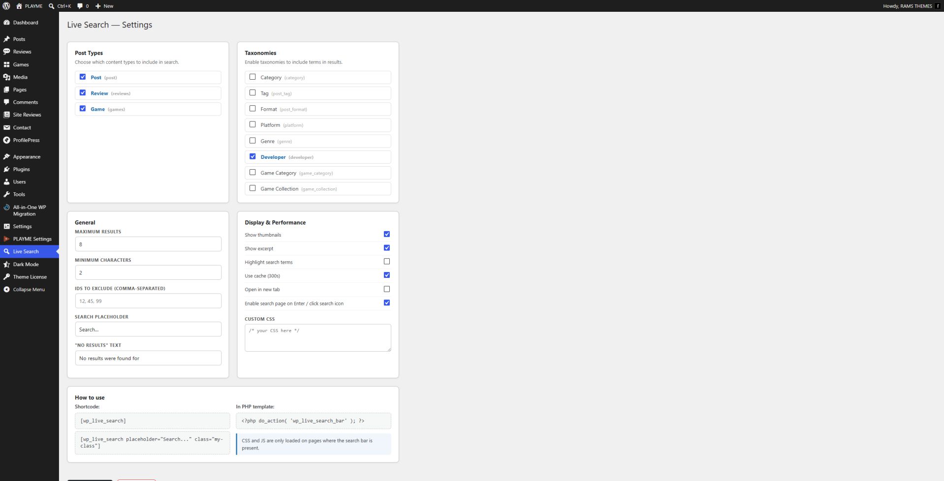 AJAX Live Search settings page AJAX Live Search settings page