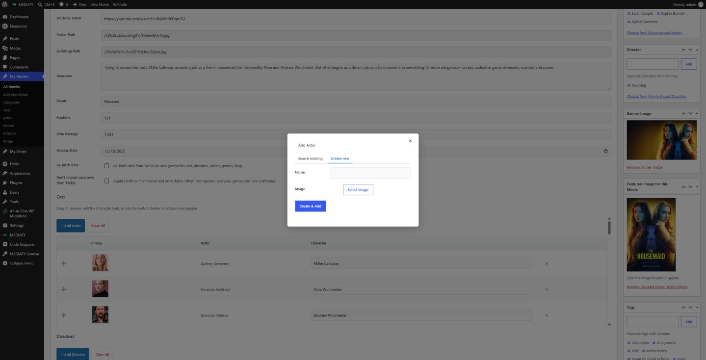 Mediafy 2.1 manual cast table builder with modal window in the WordPress editor - Create New