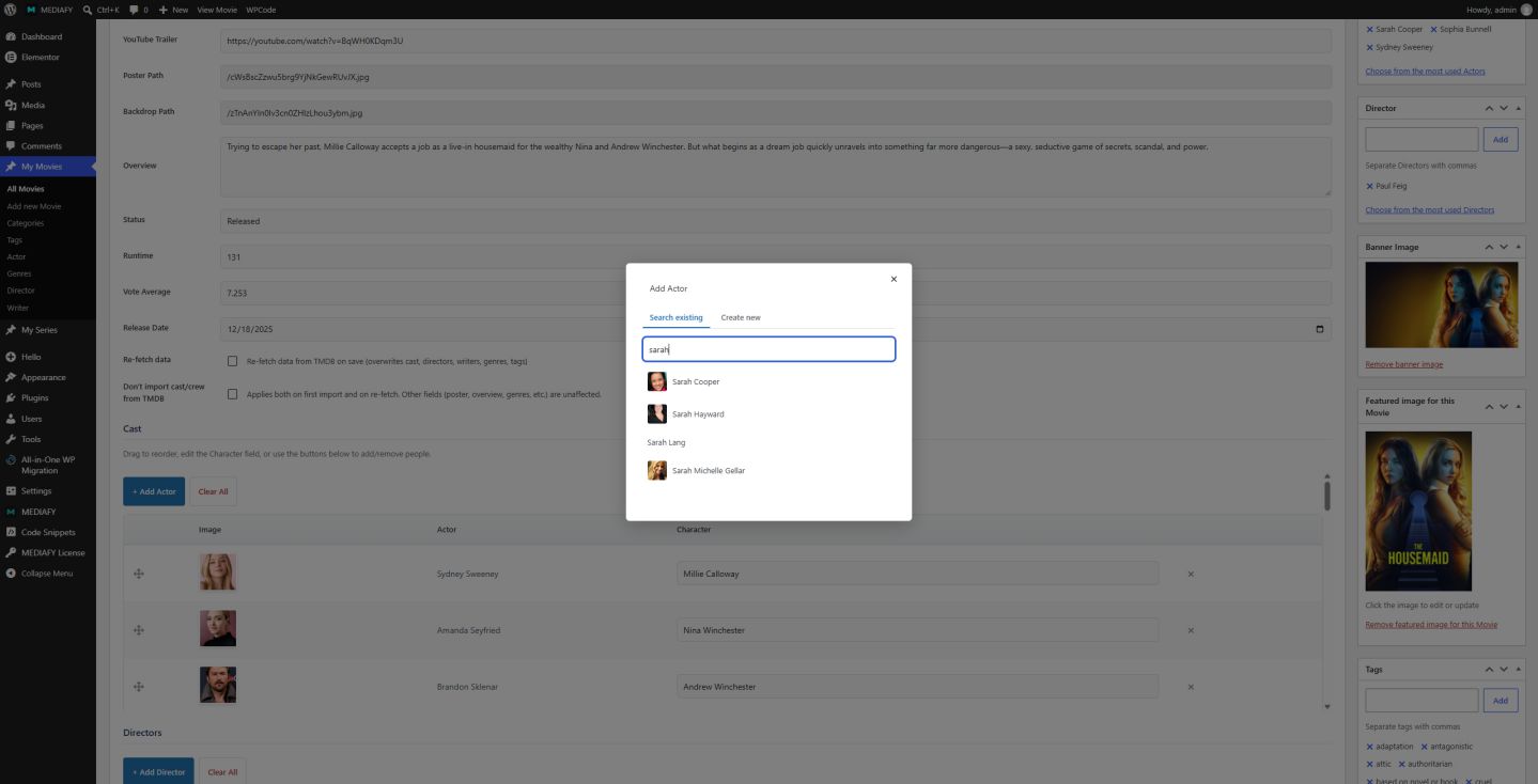 Mediafy 2.1 manual cast table builder with modal window in the WordPress editor - Search Existing