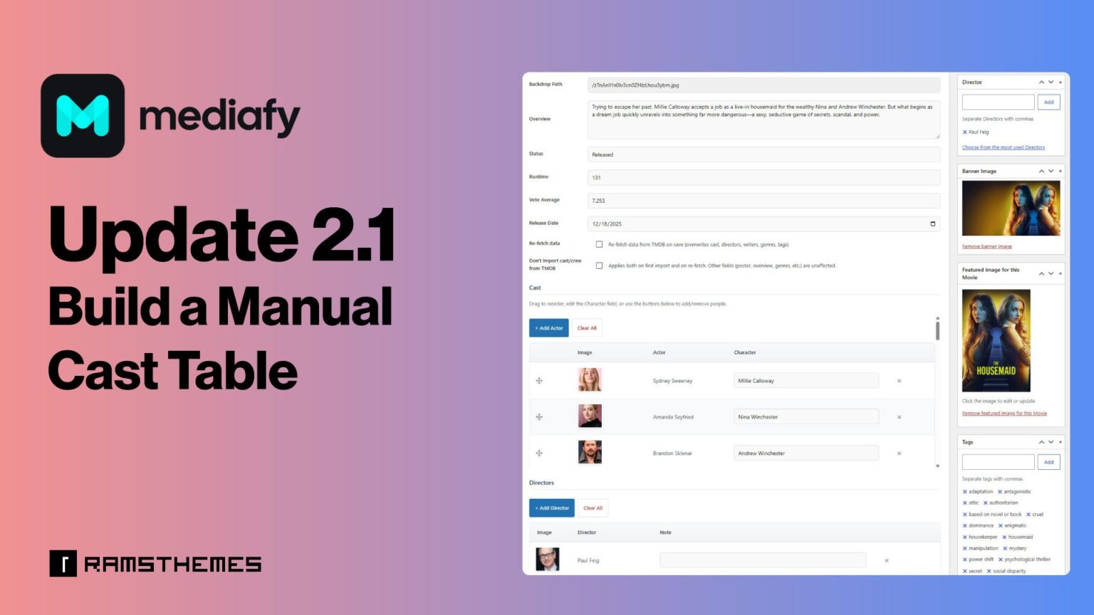Mediafy 2.1 Update: manual cast table builder with modal window in the WordPress editor